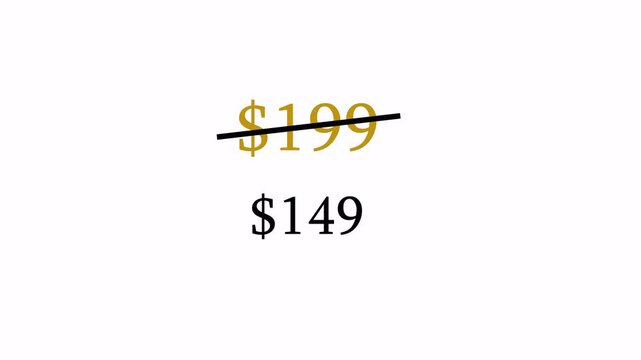 Animated Price cut strikethrough from 199 dollars to 149 dollars discount offer 4k animation with alpha channel price tag discount from 99 to 49 animated on transparent background