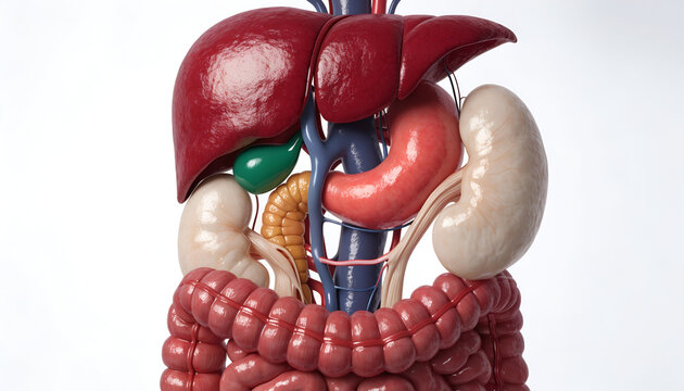 Detailed 3D Medical Illustration of Human Digestive System and Abdominal Organs with Liver, Stomach, Pancreas, Kidneys, and Intestines