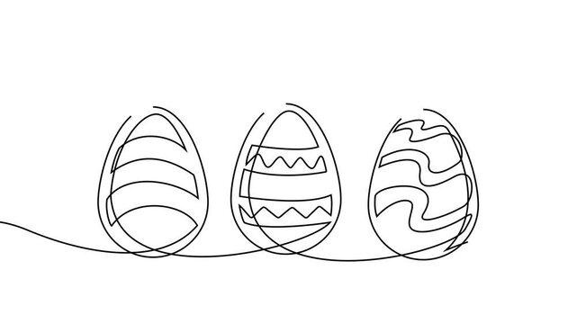 Animated continuous line drawing of Easter eggs and a bunny on a white background