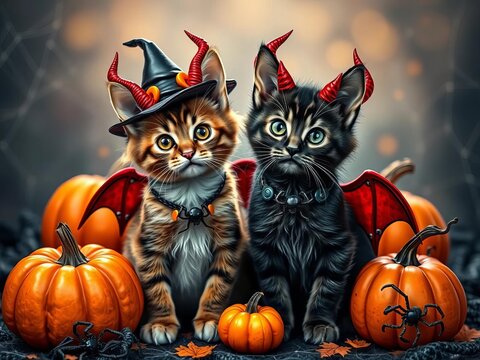 Adorable devil cat duo in Halloween finery, surrounded by spider webs and pumpkins, fall, red horns