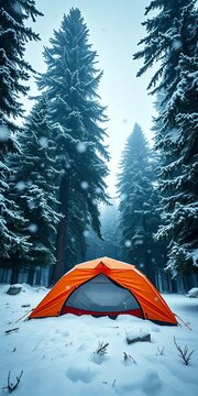 Snowflakes gently falling on orange tent amidst towering pine trees, nature, forest