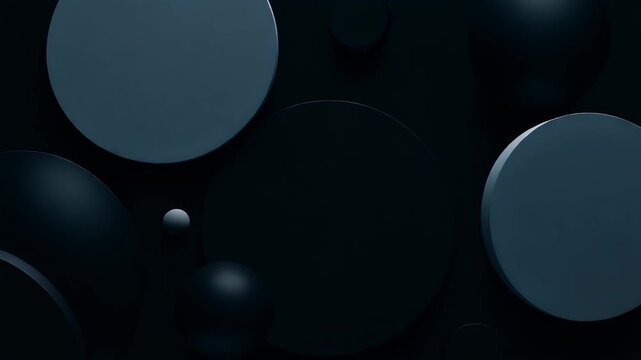 Minimal black and dark grey 3D geometric background with overlapping matte circles, discs and spheres slowly rotating, soft lighting and shadows, modern abstract motion graphic