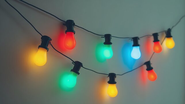 Colorful string lights illuminating a room.