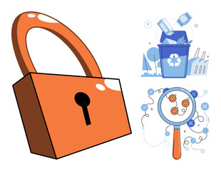 Padlock, recycling bin, and magnifying glass vector illustration. Data protection, waste management, information search, environmental sustainability, digital security, research. Lock trash can © Dmytro