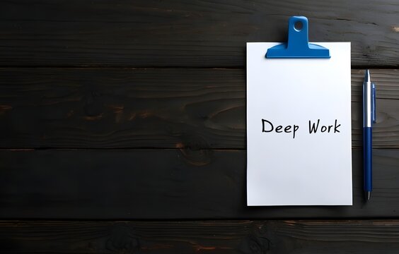 Clip and paper on dark wood copy space background with handwritten phrase - Deep Work - the ability to focus without interruption on a hard mental task with no distractions