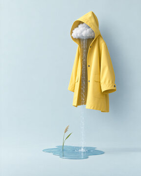 Yellow raincoat holding a small rain cloud and reed