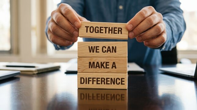 Hands building blocks with the words together we can make a difference