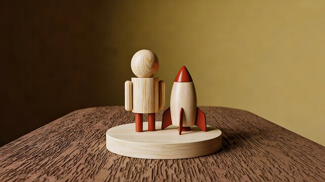Wooden toy astronaut and rocket model on a round stand representing space exploration
