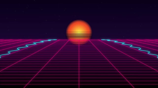 Neon grid landscape with glowing sun in synth wave style