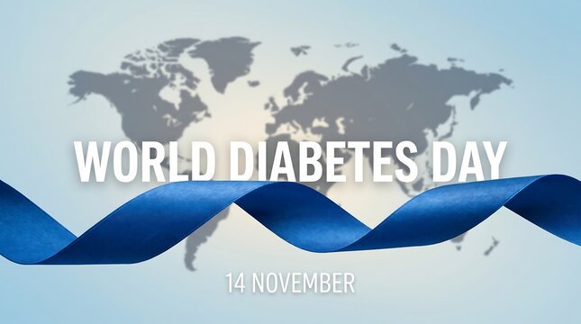 World Diabetes Day graphic banner with blue ribbon and world map background
