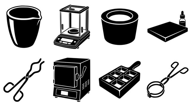 Laboratory heating and weighing equipment icons vector illustration featuring crucibles analytical balances muffle furnaces and tongs for chemical analysis and high temperature material testing