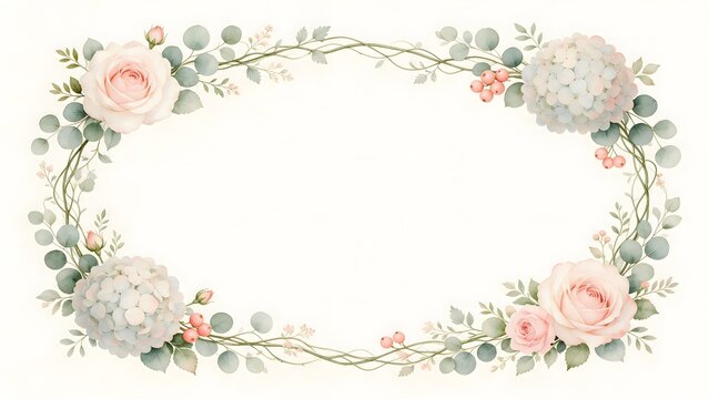 Floral Monogram FrameElegant watercolor floral frame designed around a large empty central area, featuring roses, hydrangeas, eucalyptus, small berries and delicate foliage, balanced composition, prem
