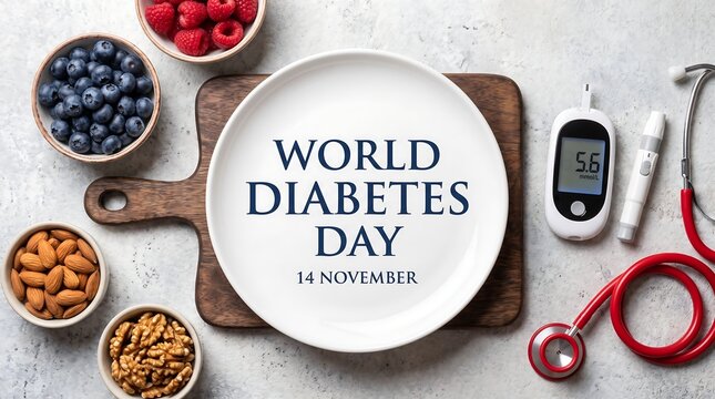 World Diabetes Day flat lay with plate berries glucometer and stethoscope
