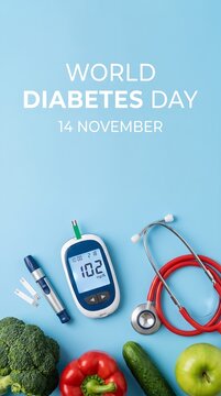 World Diabetes Day vertical poster with glucometer stethoscope and vegetables