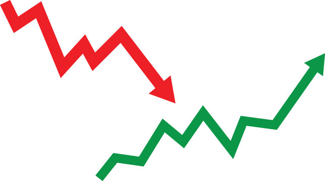 Red down trend arrow and green upward growth chart lines showing financial market success