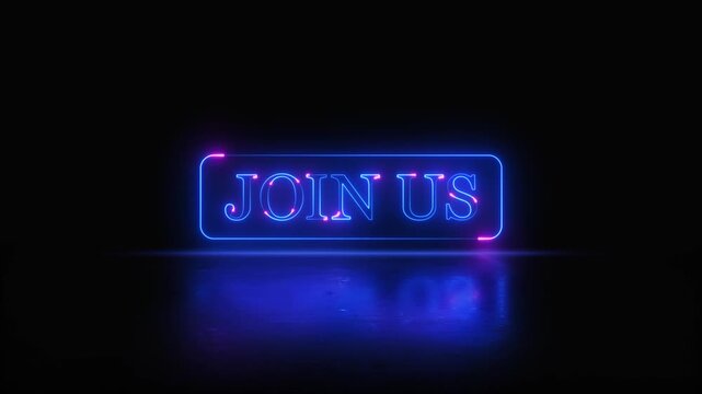 Neon glowing join us lettering video animation on black background. Neon glowing join us banner motion animation. Join us text animation.