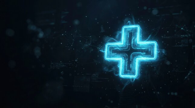 Futuristic glowing digital medical plus sign neon light symbol in dark