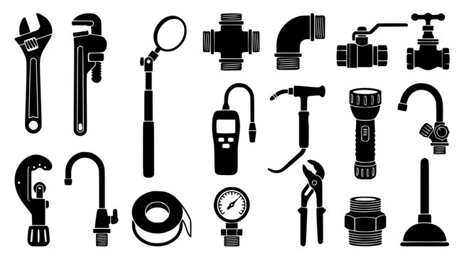 Professional plumbing and industrial pipe fitting vector icon set featuring wrenches pipe cutters pressure gauges valves and various plumbing system components for facility maintenance services