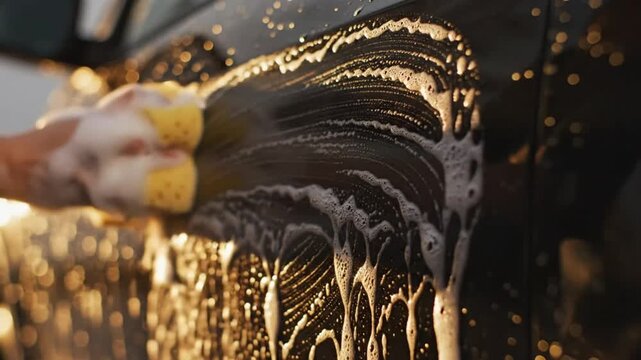 Close-up of a hand washing a car with a sponge and soap suds, creating a foamy texture on the vehicles surface.