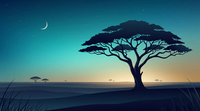 African savanna landscape silhouette with acacia tree under starry night sky and crescent moon