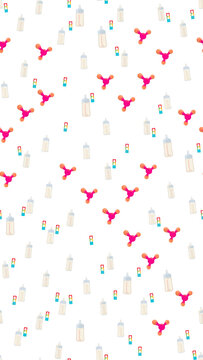 Seamless pattern of baby bottles and abstract shapes