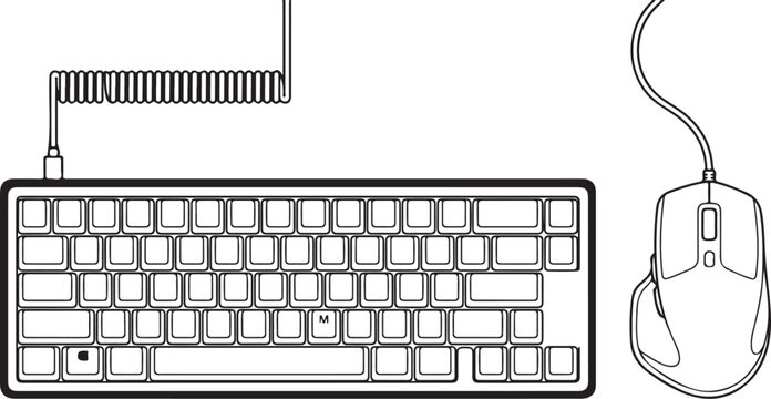 Compact mechanical keyboard with a coiled USB cable and a wired optical mouse are presented as essential computer input devices for modern workstations.