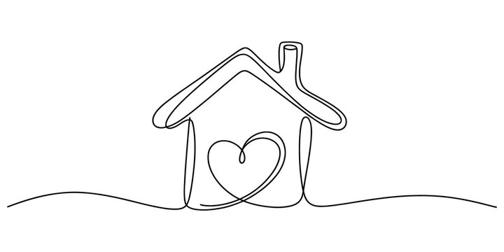 Continuous single line drawing of a house with a heart shape inside representing a happy home and love for real estate property and residential living isolated on transparent background