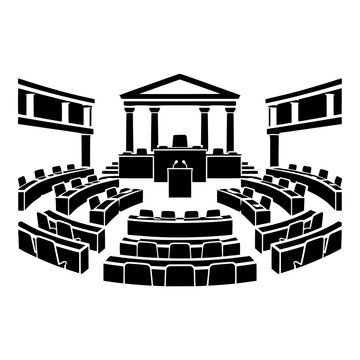 Parliament Chamber Interior with Speaker Podium, Black Silhouette