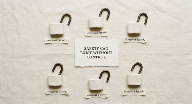 Several Unlocked Ceramic Padlocks and 'Safety Can Exist Without Control' Message