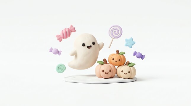 Cute Halloween Characters and Candies Arranged on a White Background