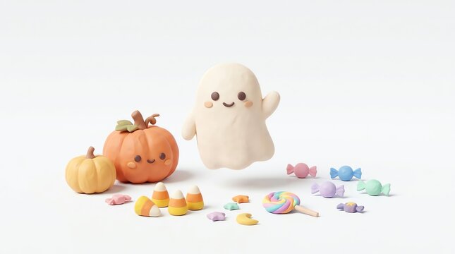 Cute Halloween Characters and Candies on White Background