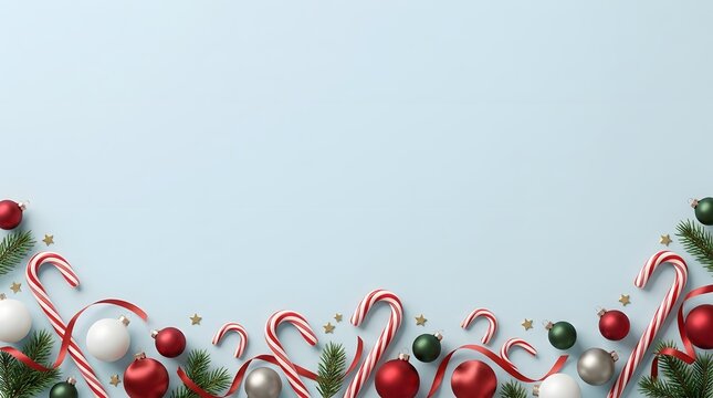 Christmas holiday background with candy canes, baubles, pine branches and ribbon on blue