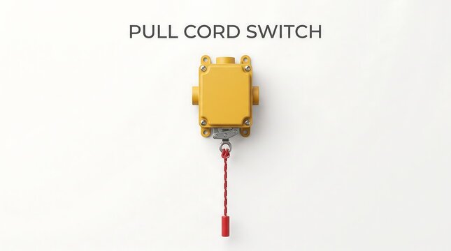 Pull cord switch with bright yellow housing and red handle for emergency stop or lighting activation isolated on a clean white studio background