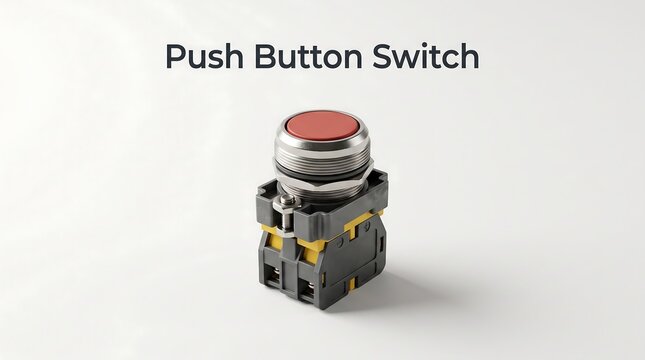 Push button switch with red actuator head and metallic ring isolated on white background representing industrial control panel interface components