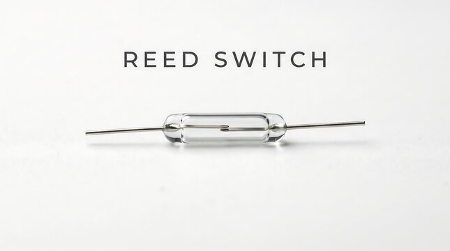 Reed switch encapsulated in glass for magnetic sensing and low voltage electronics isolated on a clean white background for technical documentation