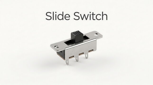 Compact slide switch with metal casing and black actuator for electronic circuits