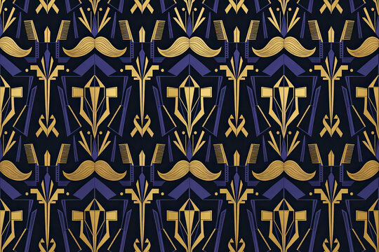 Elegant Art Deco No-Shave November Cancer Awareness Seamless Pattern - Gold and Charcoal Masculine Grooming Motif