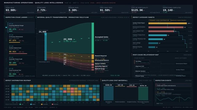 Cinematic 4K manufacturing quality dashboard visualizing scrap rates, production yield losses, and defect analytics with animated Sankey flows in dark industrial style.