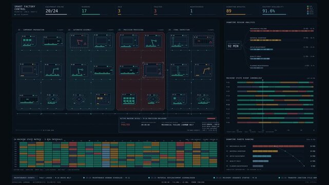 Cinematic smart factory dashboard showing machine states, downtime analysis, and real-time production floor monitoring with industrial blue interface for commercial creative technology and business.
