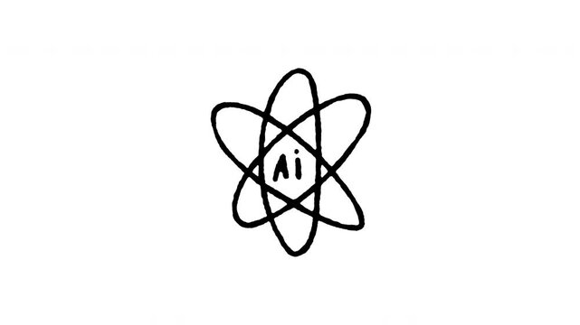Animated doodle icon of an artificial intelligence symbol inside an atom core representing scientific AI research.