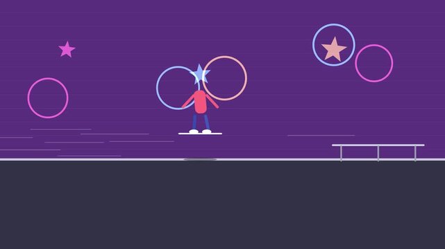 Animated character on skateboard with stars and circles during flat animation sequence