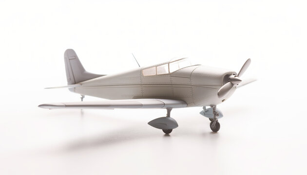 A small plastic scale model of a propeller airplane on white background.