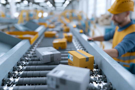 Worker in yellow hard hat handles packages on conveyor belt. Gray and yellow boxes roll along industrial line. Employee focused, wearing safety gear, sorting items