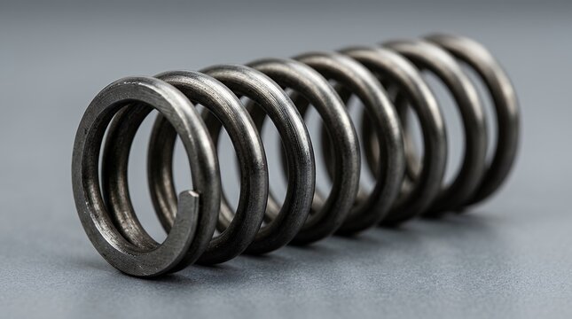 Close up macro viewa metallic spiral steel compression mechanical part isolated on plain surface showcasing industrial design engineering component manufacturing background equipment metal