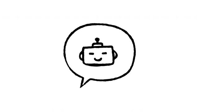 Animated doodle icon of a robot head inside a chat bubble representing virtual customer assistant.