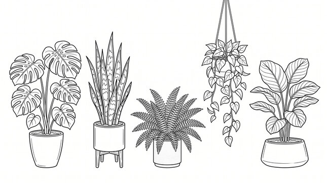 Indoor Houseplants Botanical Outline Vector Collection