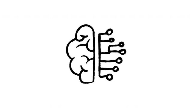 Animated doodle icon of a human brain combined with digital circuit board tracks for AI mind power.