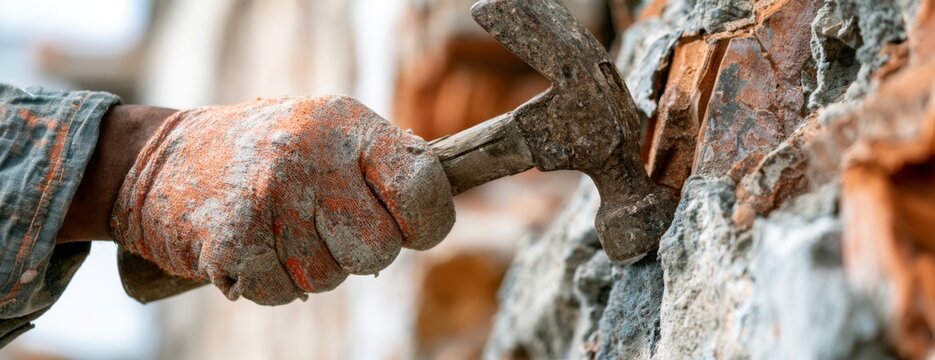 Worker hand using a hammer to break rock at a construction site  