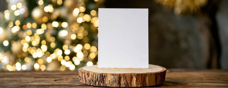 Blank card mockup on wooden stand with blurred Christmas lights background  