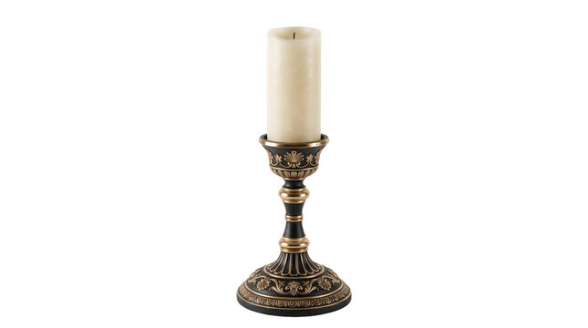 Ornate Black and Gold Candlestick Holder with Cream Candle